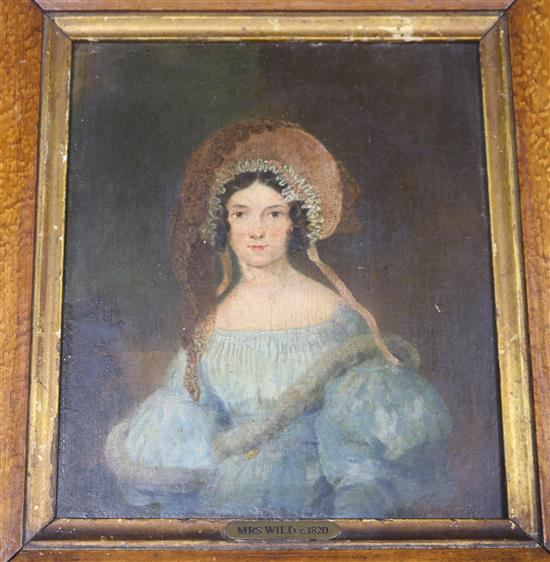 Oil, portrait of Mrs Wild c.1820, signed, 18 x 15.5cm